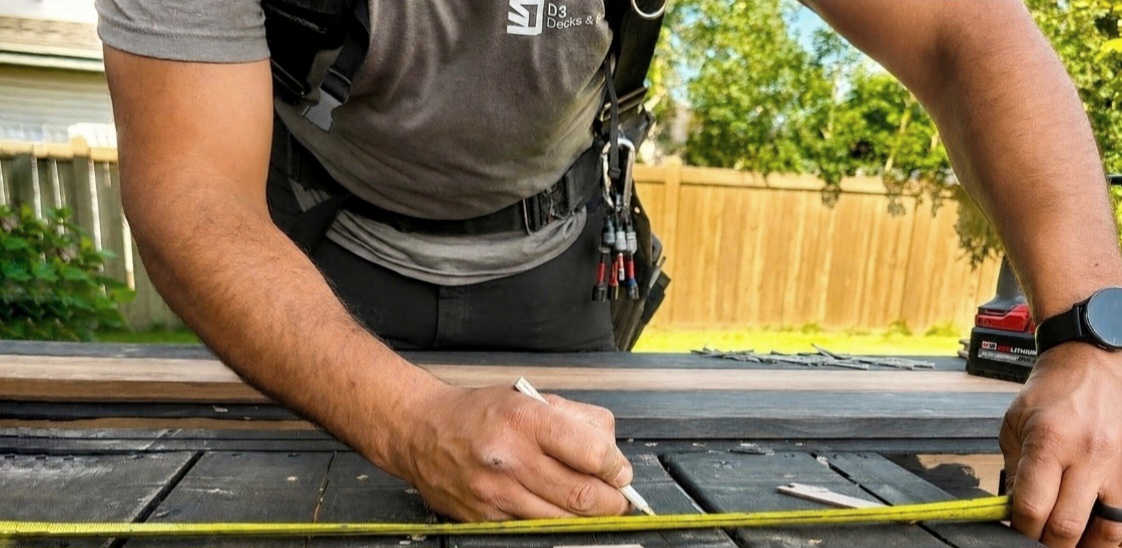 D3 craftsman measuring decking on site