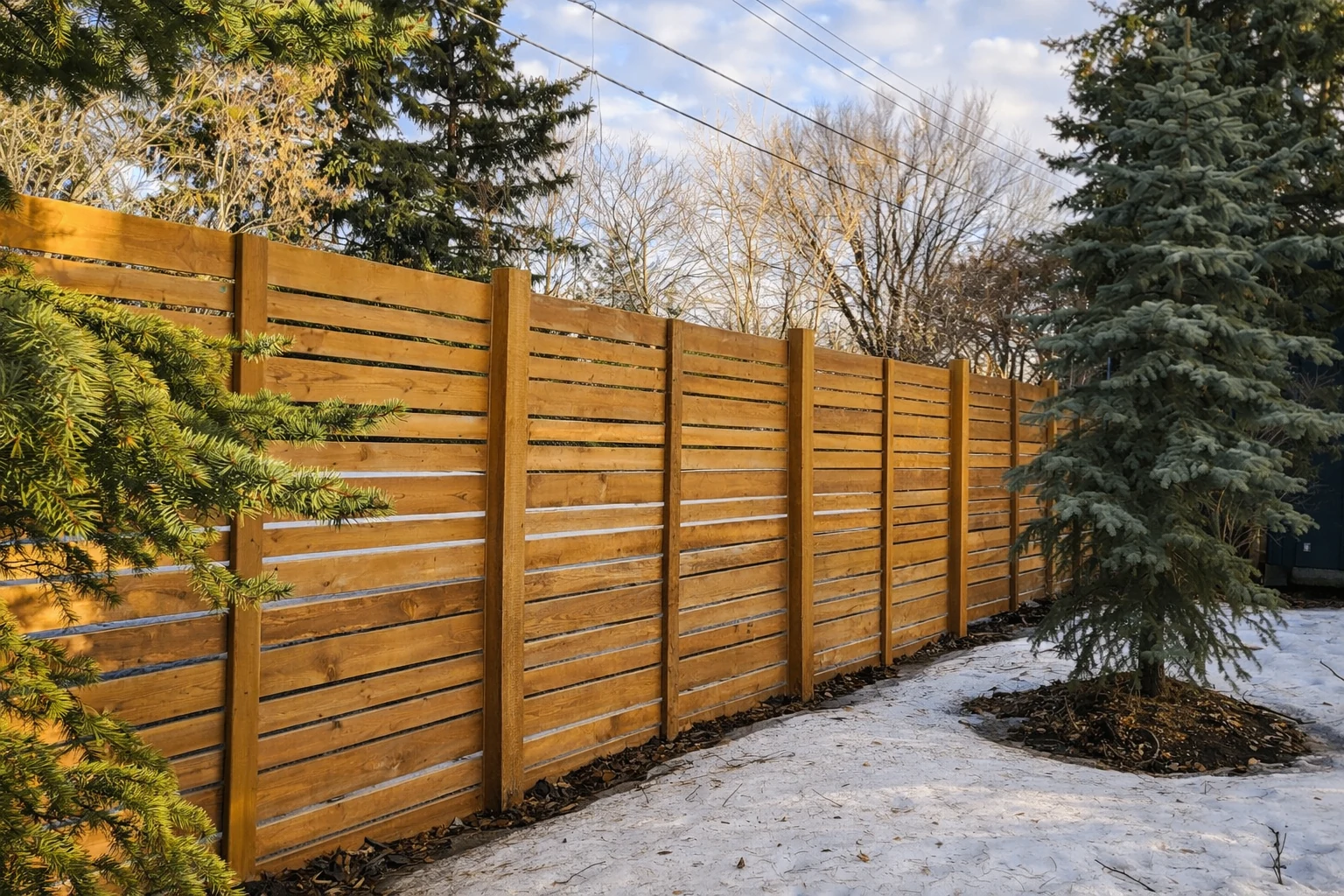 Modern horizontal slat privacy fence