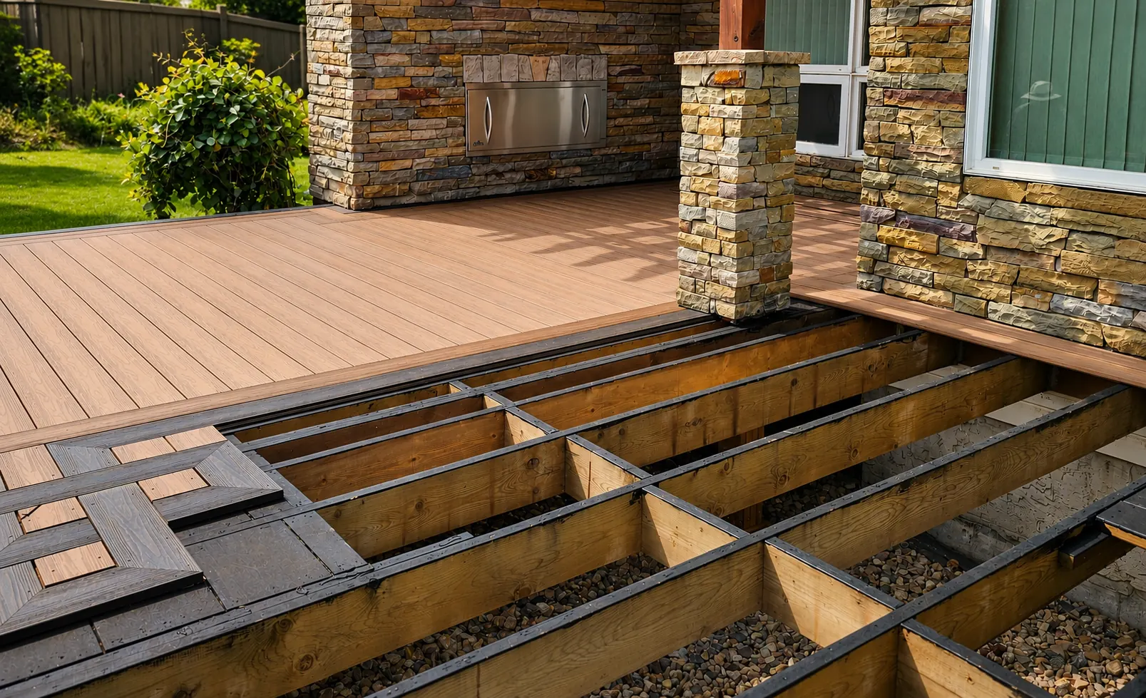 D3 Essential — exposed deck framing and joists beneath a partially finished composite deck, with a stone-clad home in the background