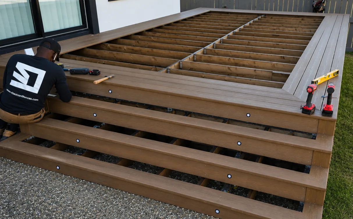 Deck builder installing finished boards with precise spacing over exposed framing