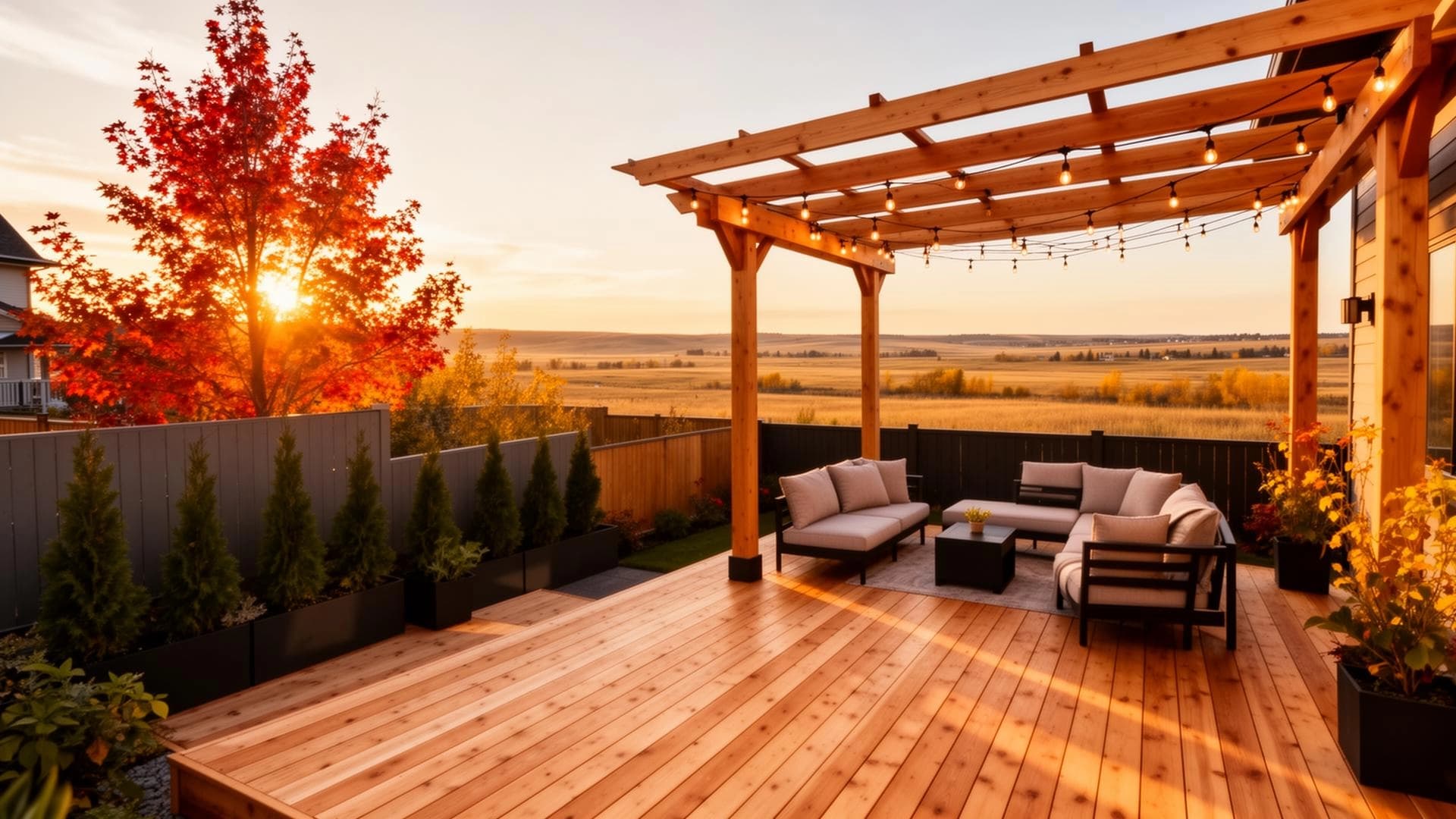 Beautiful Alberta backyard with deck and pergola