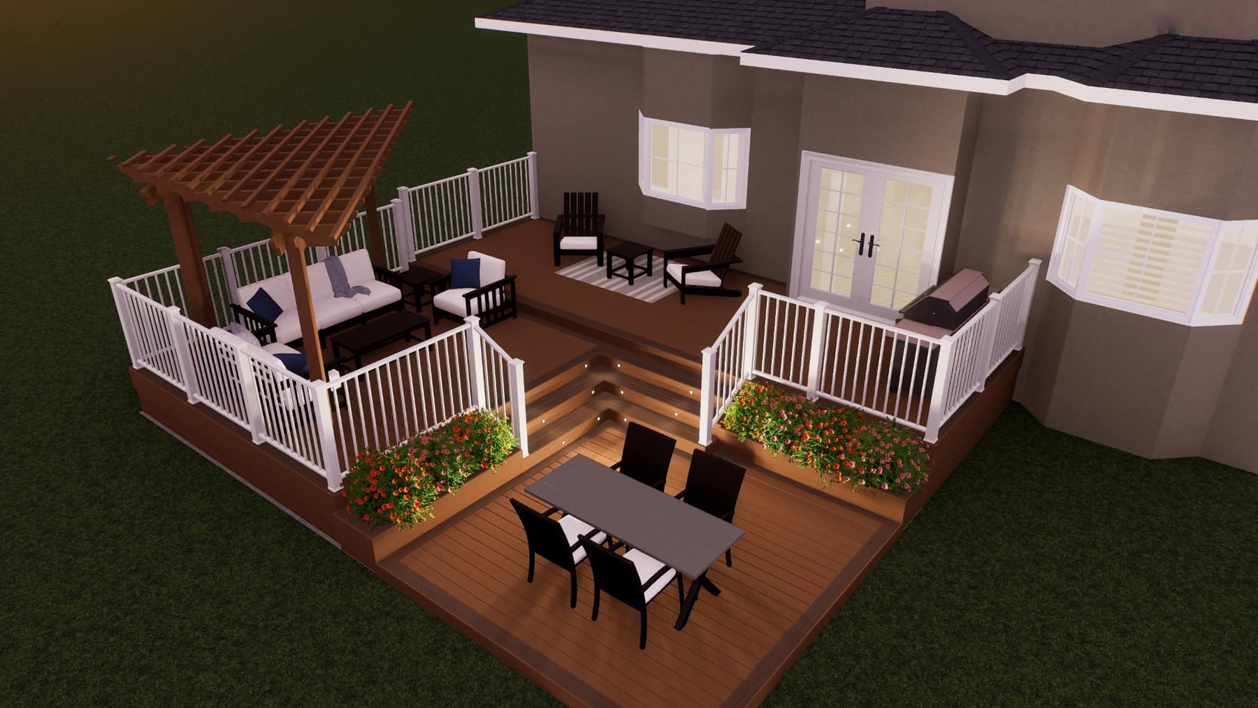 D3 Living render — multi-level deck with pergola, railing planters and dining area.