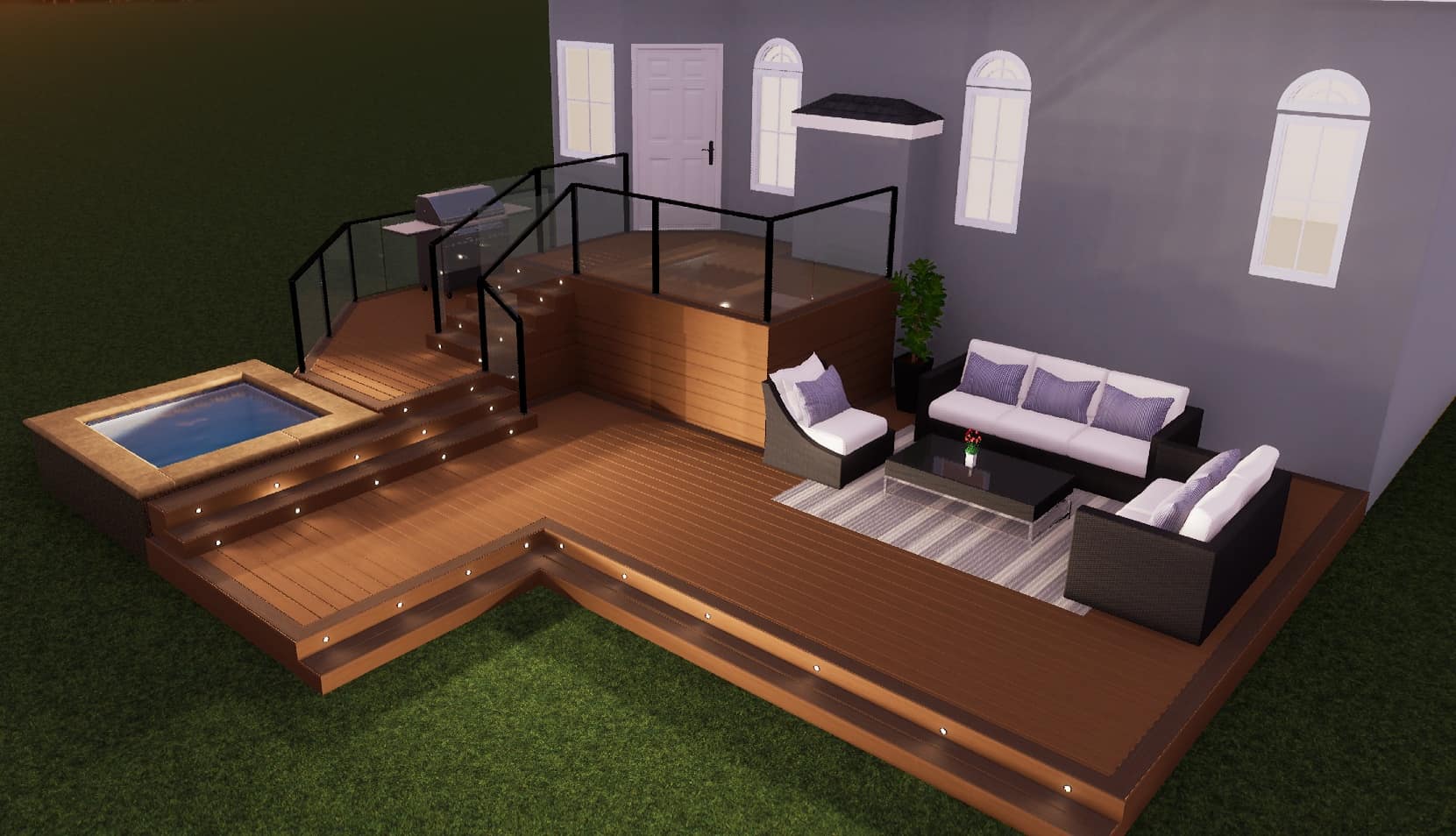 D3 Living render — deck with glass railing, integrated stair lighting, pool and lounge.