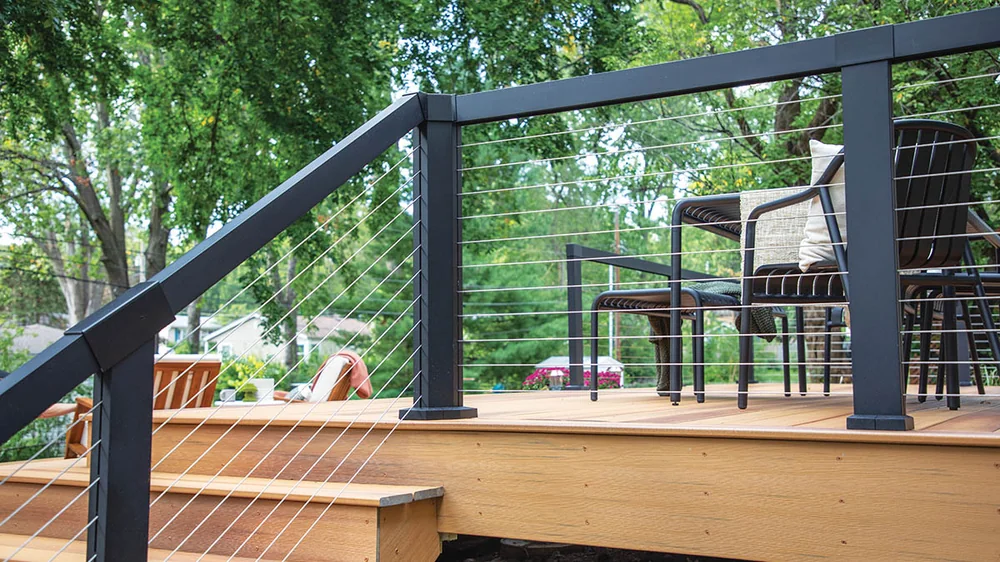 Cable railings — custom deck feature by D3 Decks & Fences, Edmonton